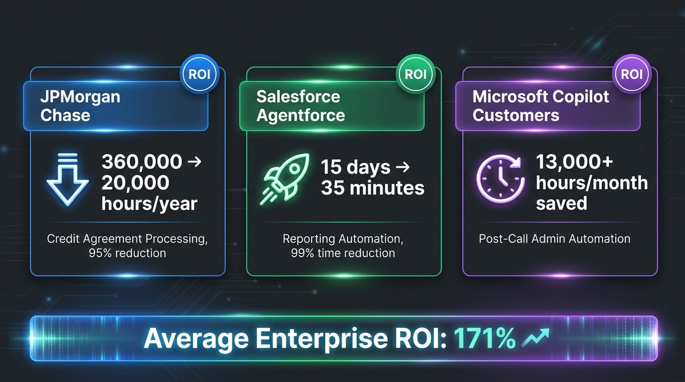 Agentic AI ROI case studies: JPMorgan Chase, Salesforce, and Microsoft showing 95-99% efficiency gains and 171% average enterprise ROI