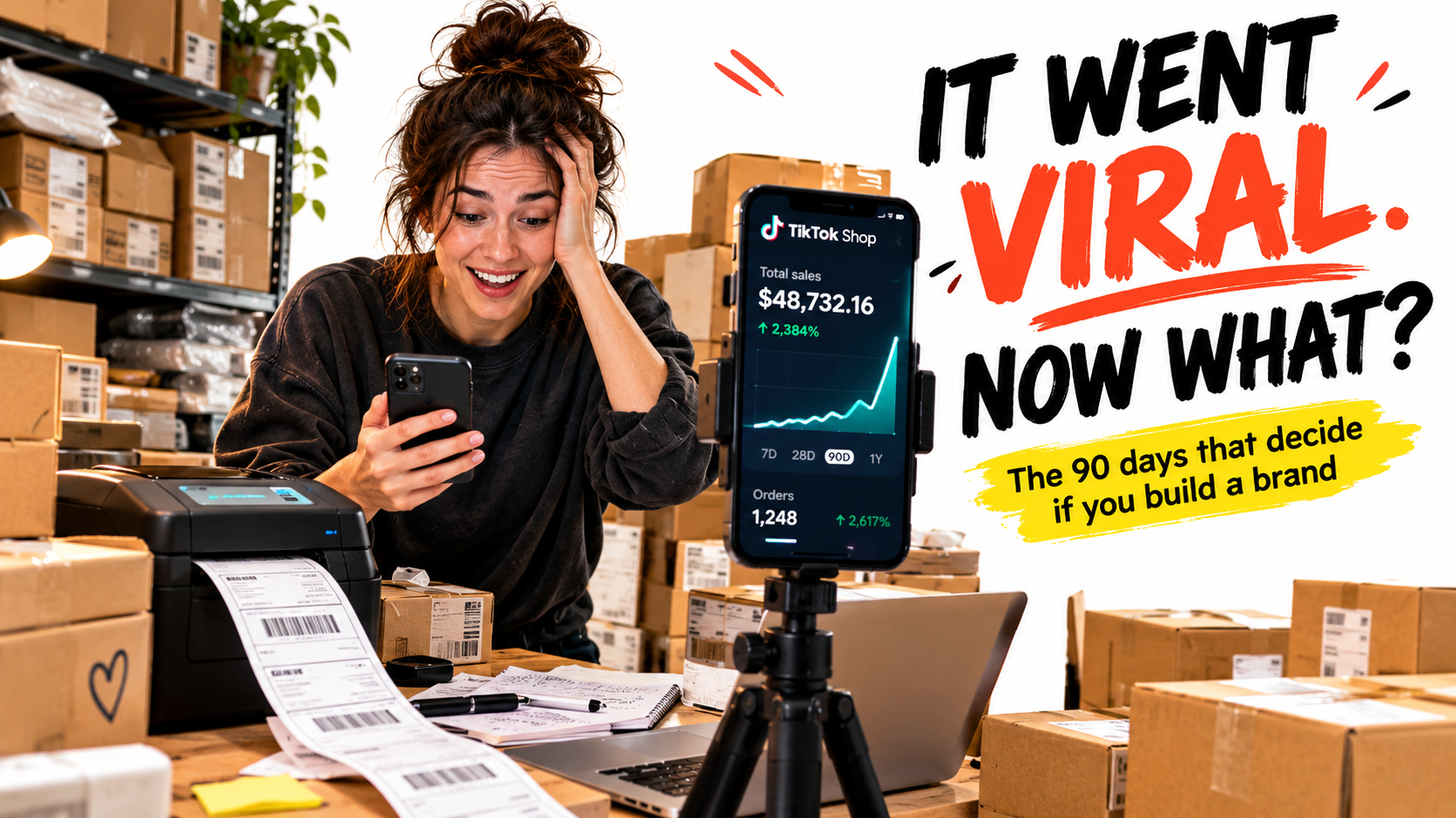 A small brand owner in a home warehouse surrounded by shipping boxes while a TikTok Shop dashboard shows a sharp sales spike