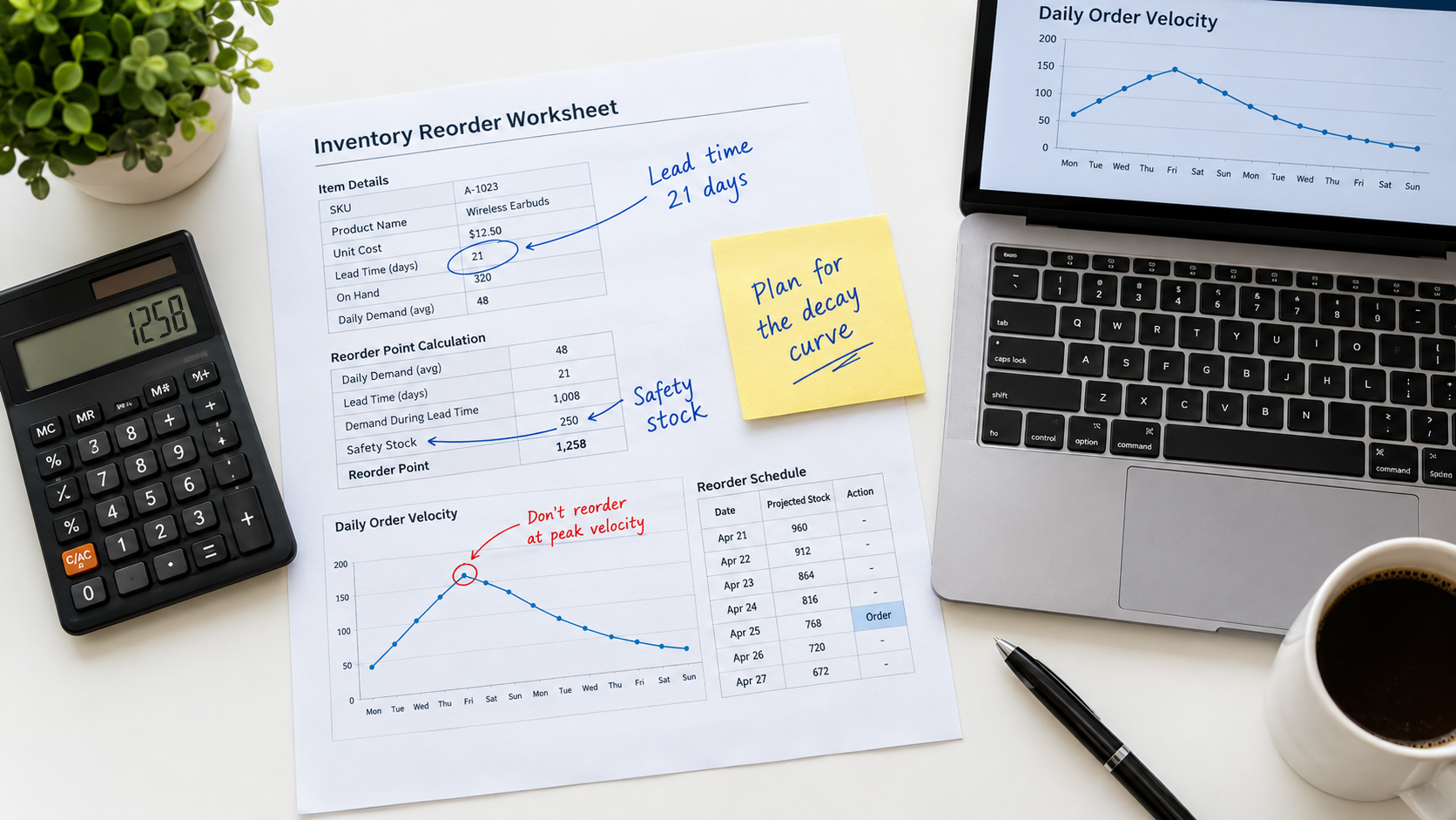 Inventory reorder worksheet with notes on lead time, safety stock and planning for the post-viral decay curve