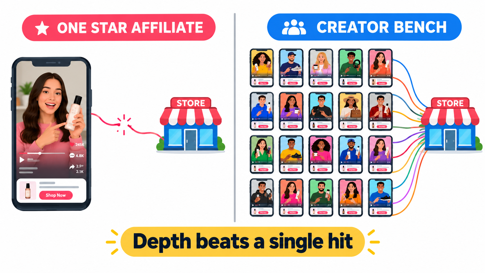 Comparison graphic showing a single star affiliate versus a deep bench of many creators connected to a store