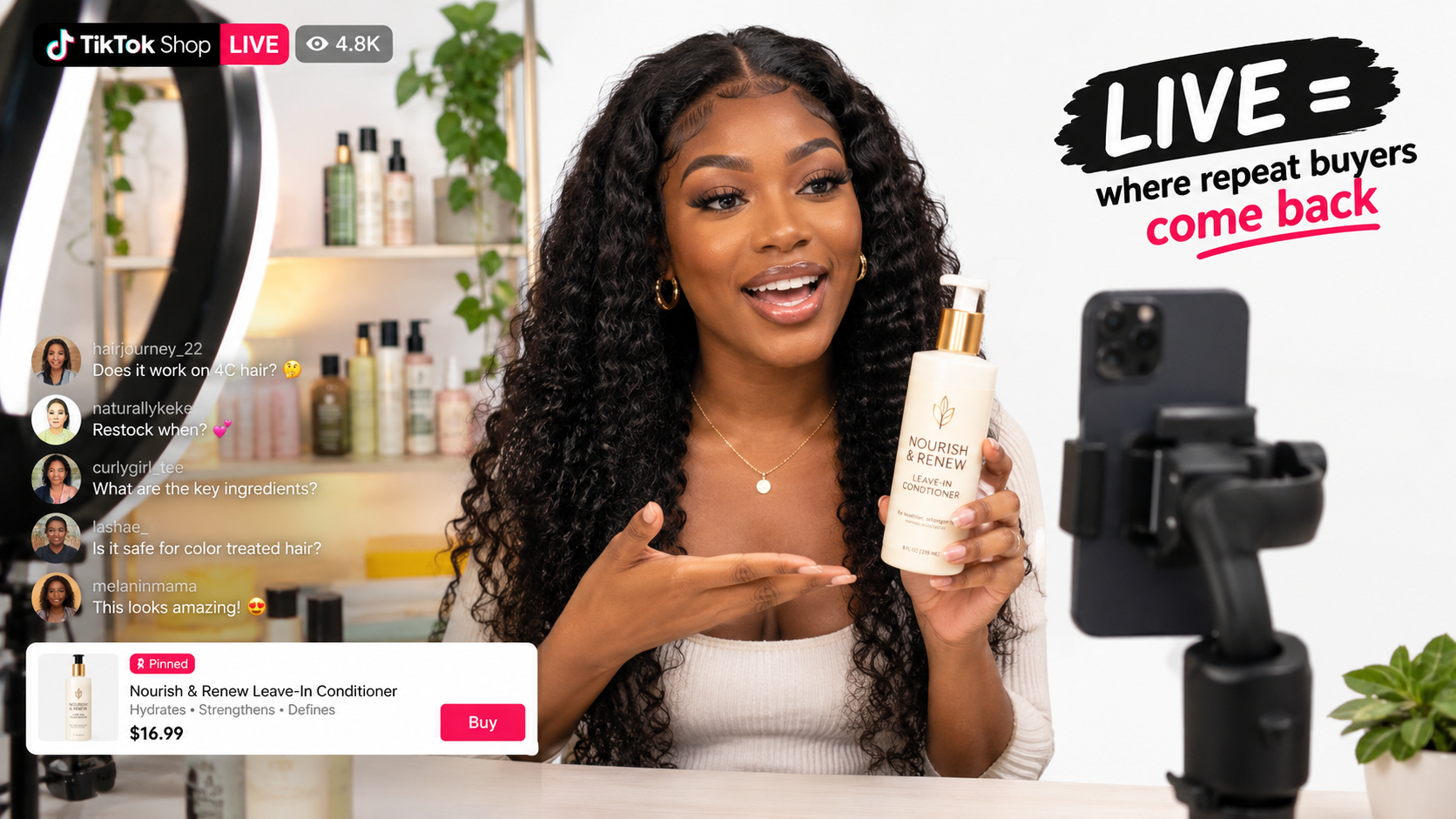 Brand host running a TikTok Shop LIVE session with haircare products and live viewer questions on screen