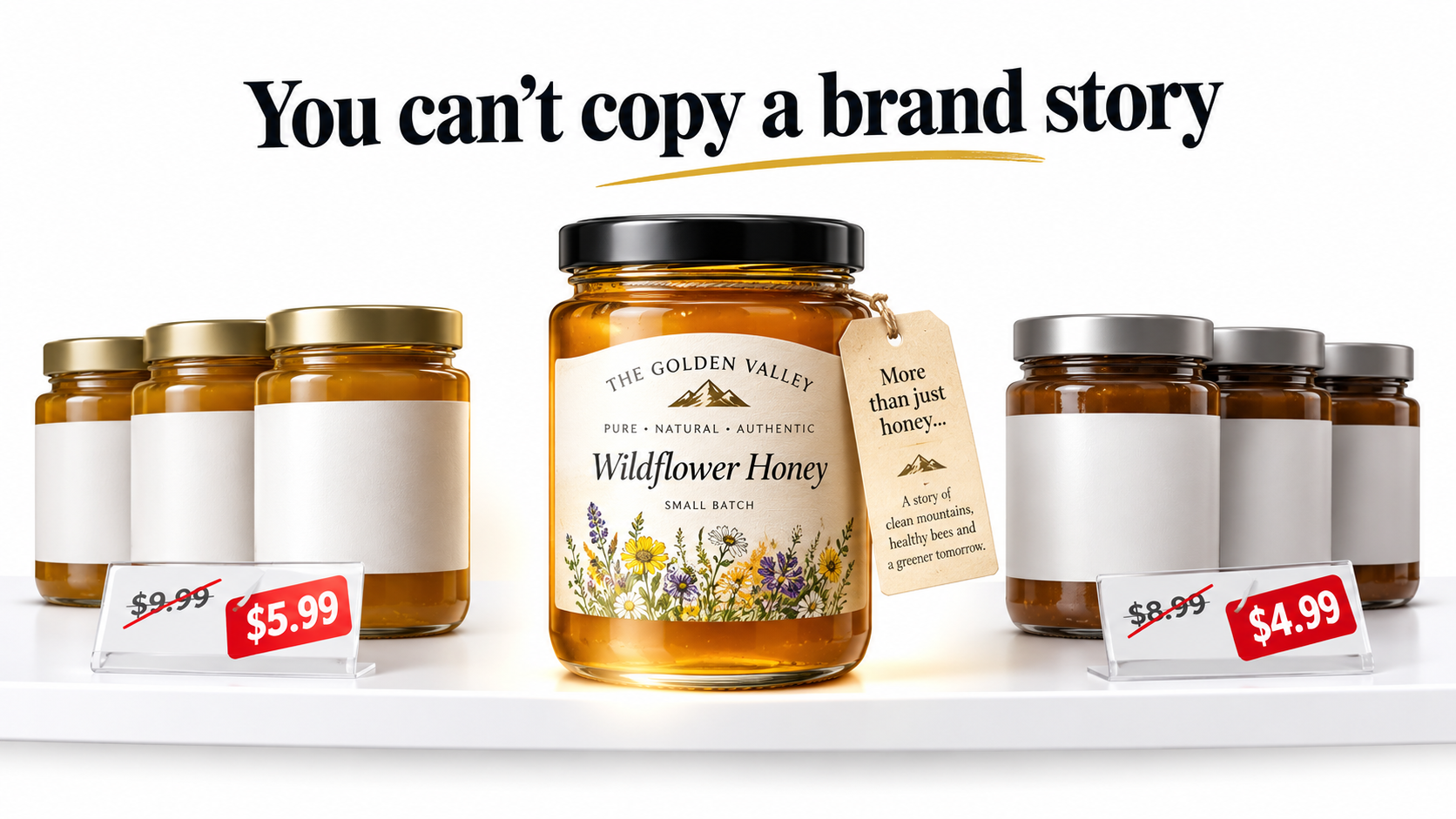 Original branded product surrounded by lower-priced generic copycat products with the text You can't copy a brand story