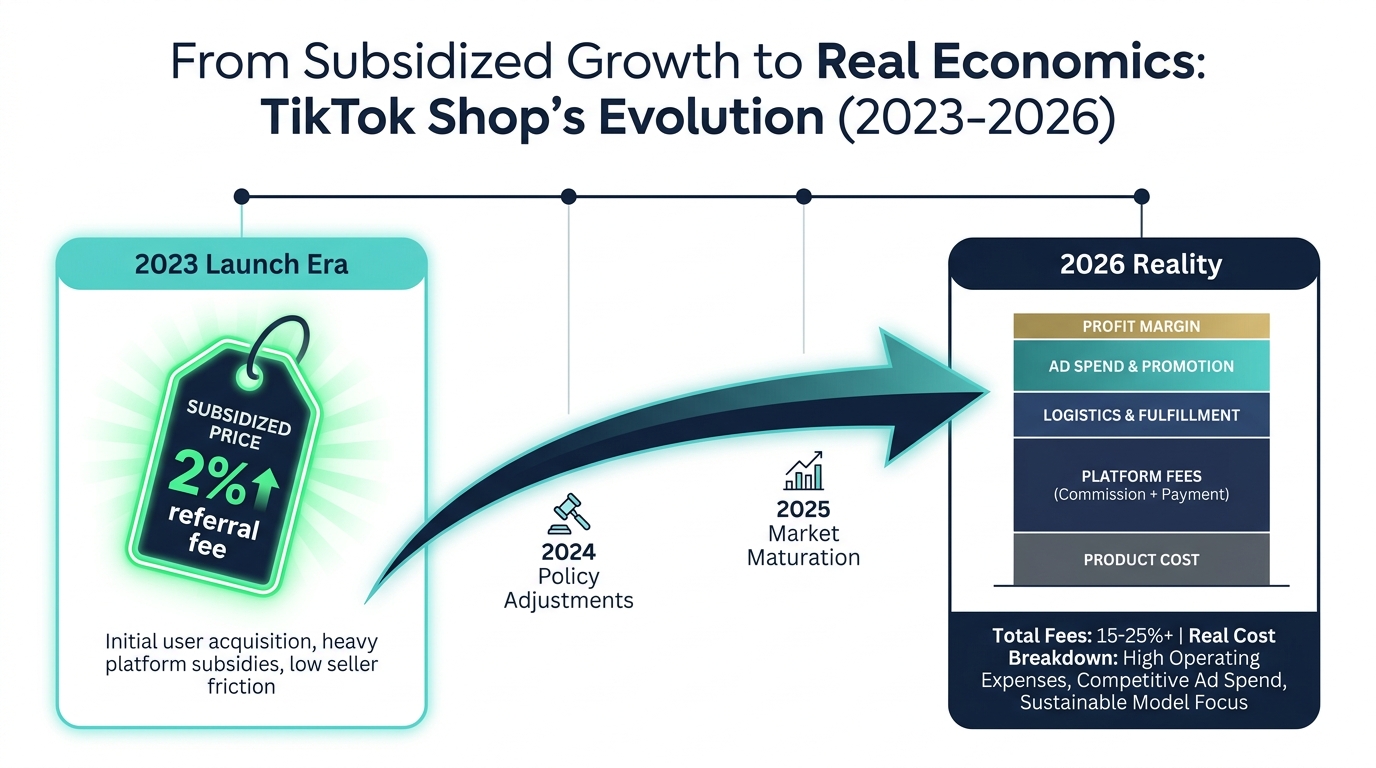 Timeline showing TikTok Shop's evolution from 2023 subsidized era to 2026 real economics