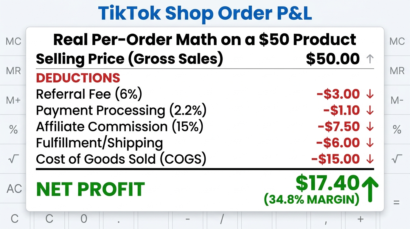 Real per-order P&L calculation on a $50 TikTok Shop product showing all fee deductions