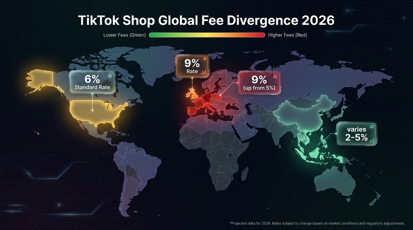 World map showing TikTok Shop commission rates by region in 2026 — US 6%, UK and EU 9%