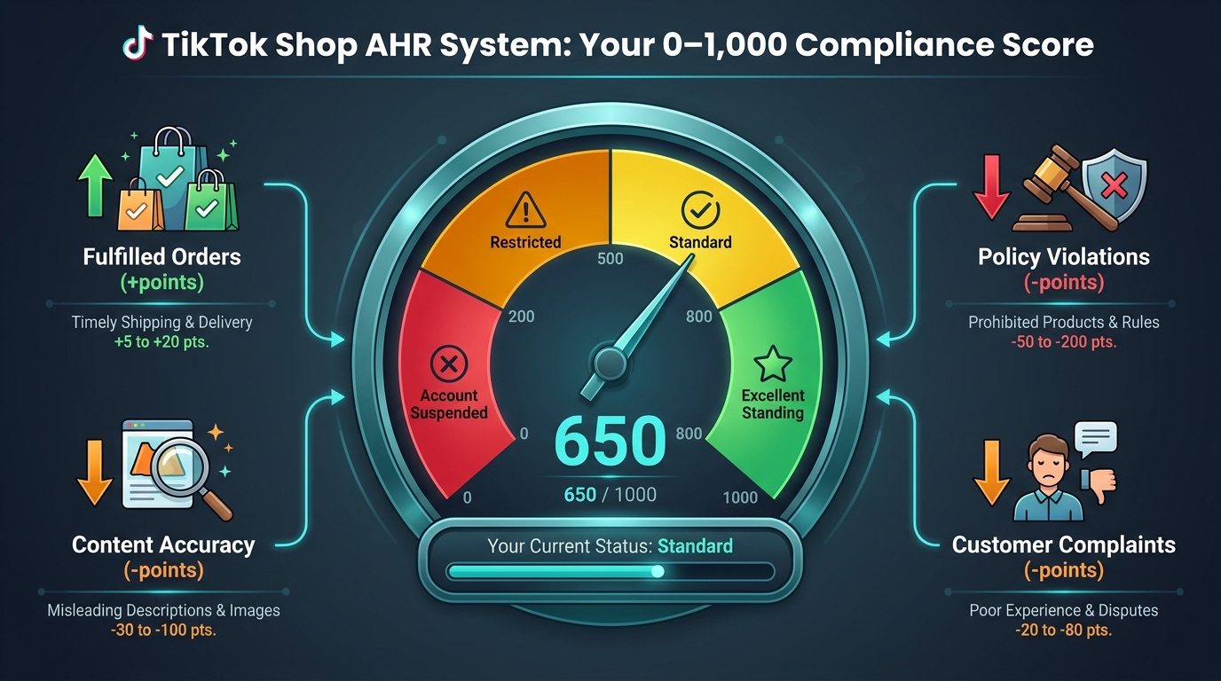 TikTok Shop Account Health Rating AHR dashboard showing 0-1000 score gauge and compliance factors