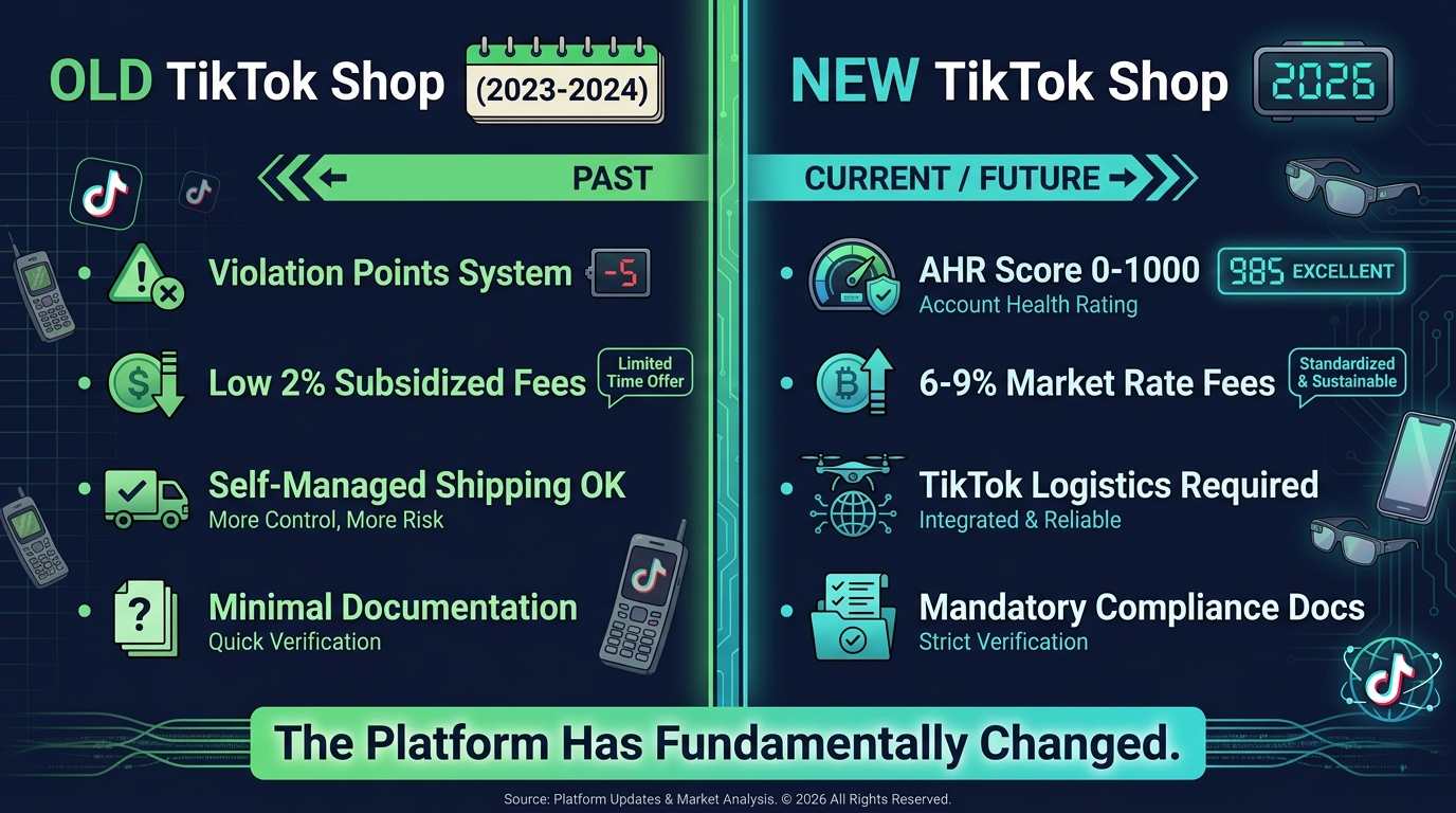 TikTok Shop old vs new comparison: 2023-2024 versus 2026 policy changes including logistics requirements