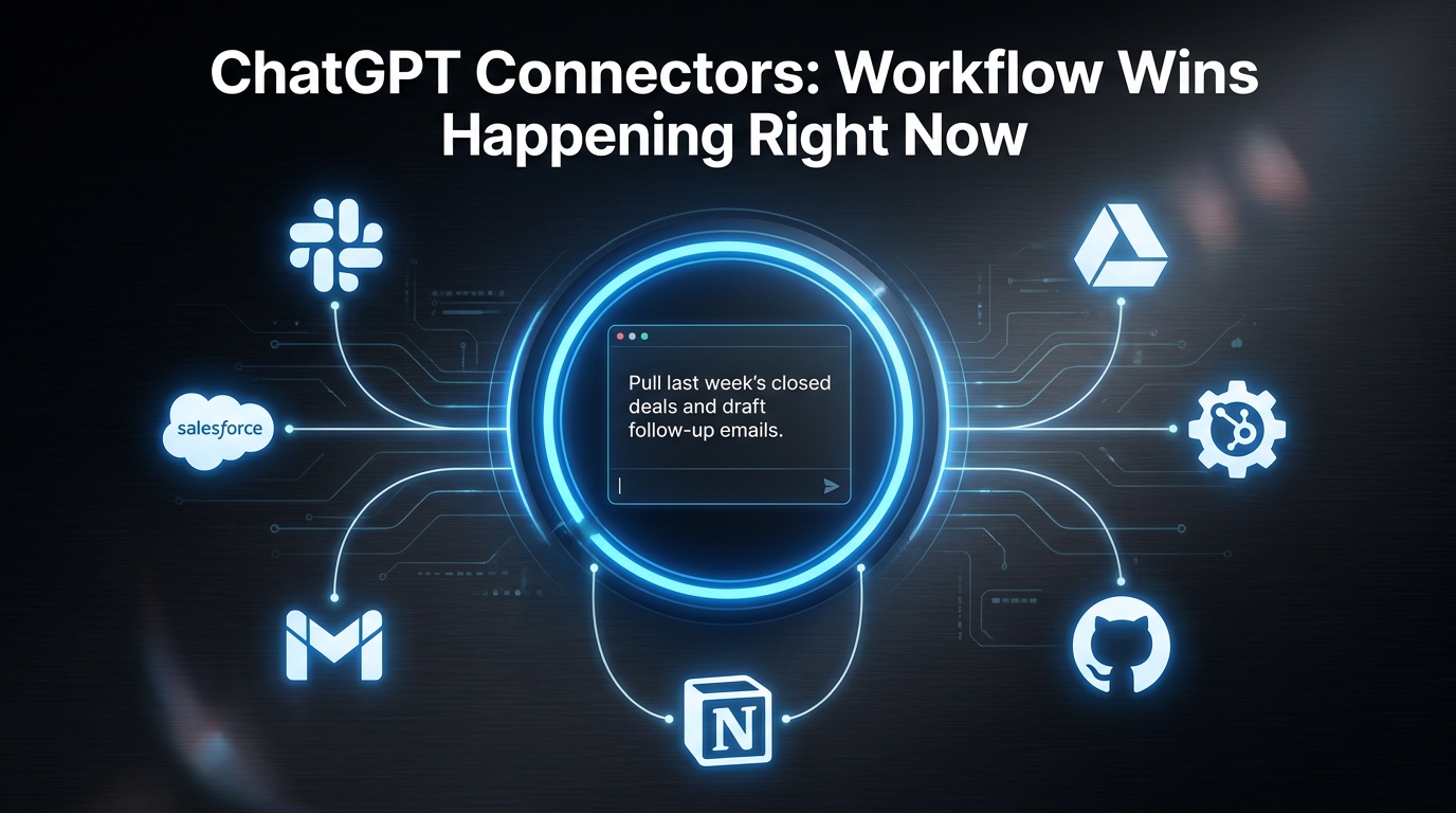ChatGPT Connectors workflow automation hub showing multiple app integrations connected to a central ChatGPT interface