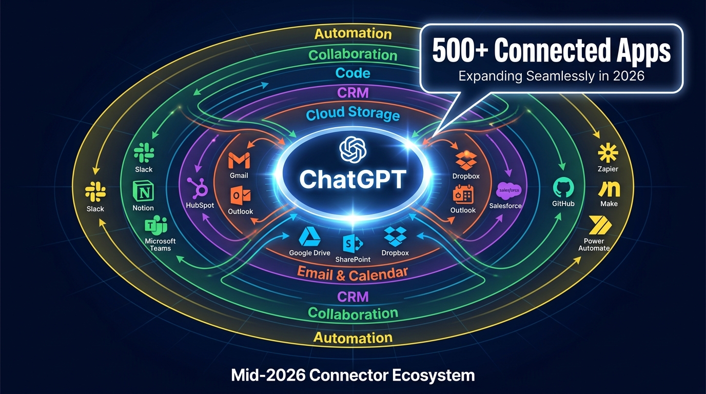 ChatGPT Connectors ecosystem diagram showing 500+ connected apps organized by category including CRM, cloud storage, email, collaboration tools, and automation platforms
