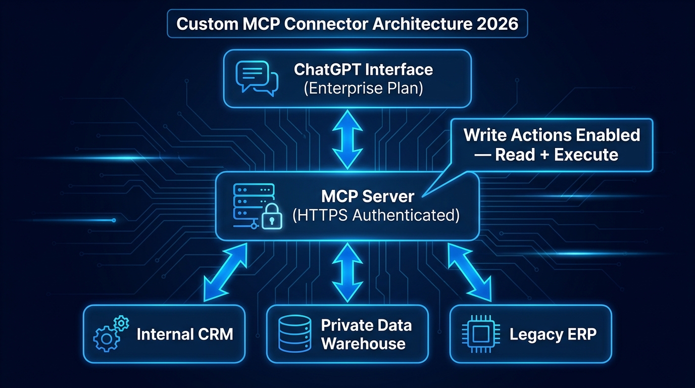 Custom MCP connector architecture diagram for ChatGPT Enterprise showing layered stack from ChatGPT interface through authenticated MCP server to internal CRM, data warehouse, and legacy ERP systems