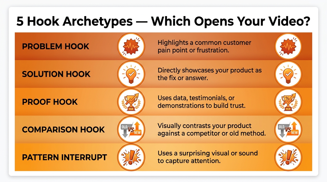 Five SBV hook archetypes infographic — problem, solution, proof, comparison, and pattern interrupt
