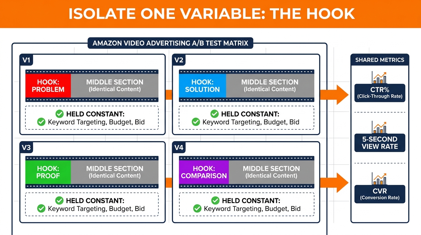 SBV A/B test matrix showing four hook variants with all other variables held constant