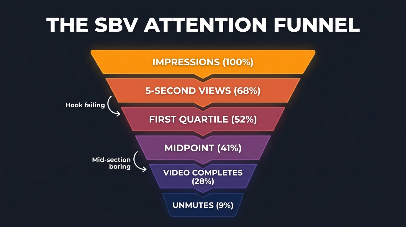 The SBV attention funnel — from impressions through 5-second views, quartiles, completes, and unmutes