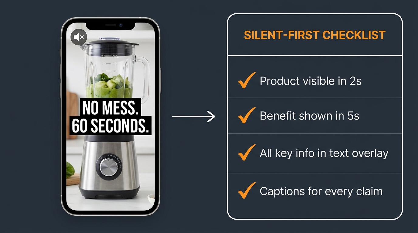 Silent-first SBV creative production checklist — product visible in 2 seconds, benefit in 5 seconds, text overlays for all key claims