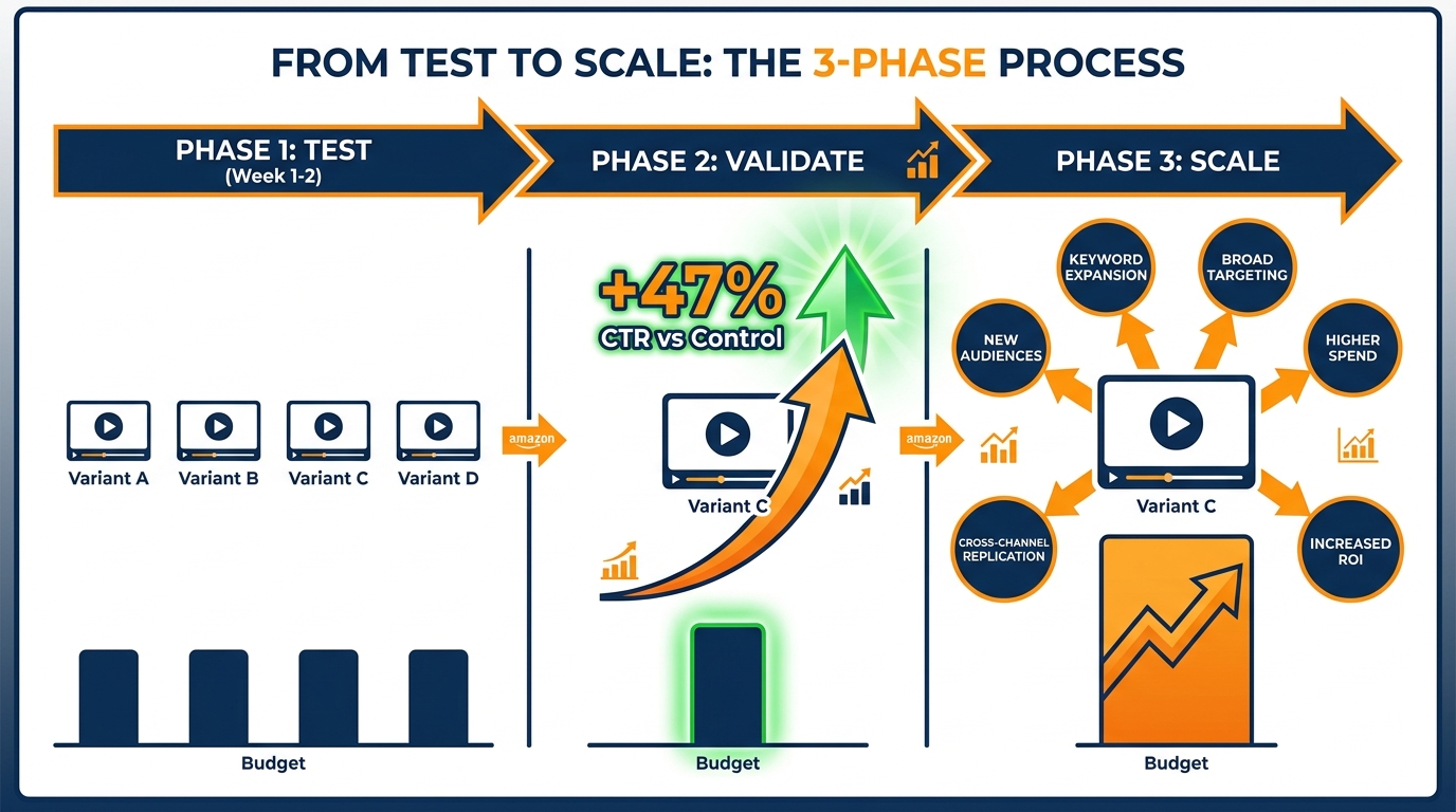 Three-phase SBV hook testing winner scaling process — test, validate, scale with budget reallocation