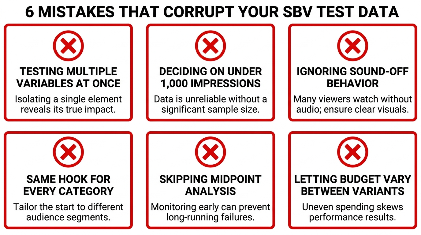 Six common SBV hook testing mistakes that corrupt test data — infographic with warning labels