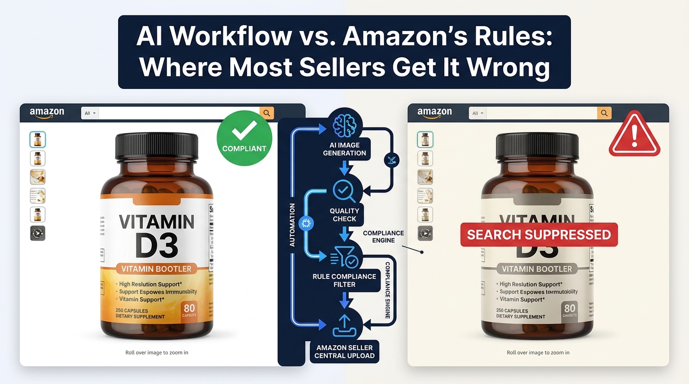 AI image workflow compliance vs Amazon enforcement: compliant listing versus search suppressed listing comparison
