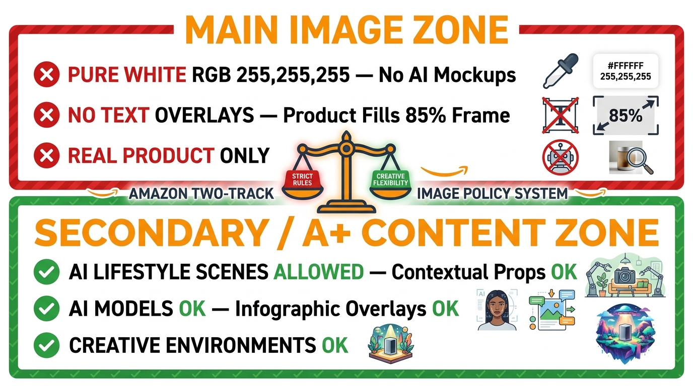 Amazon two-track image policy infographic: strict main image rules versus permissive secondary and A+ content rules