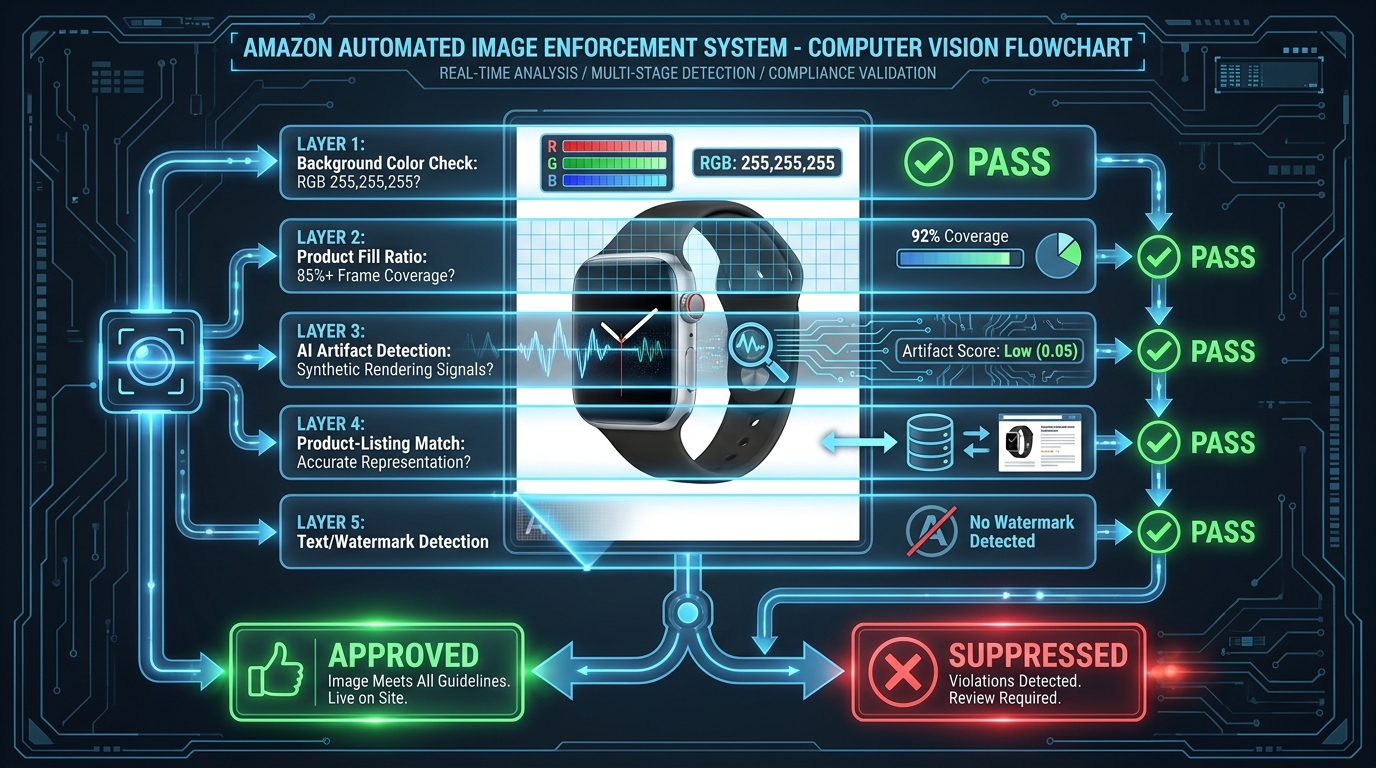 Amazon automated image enforcement system diagram showing computer vision detection layers for background, fill ratio, AI artifacts, and product matching