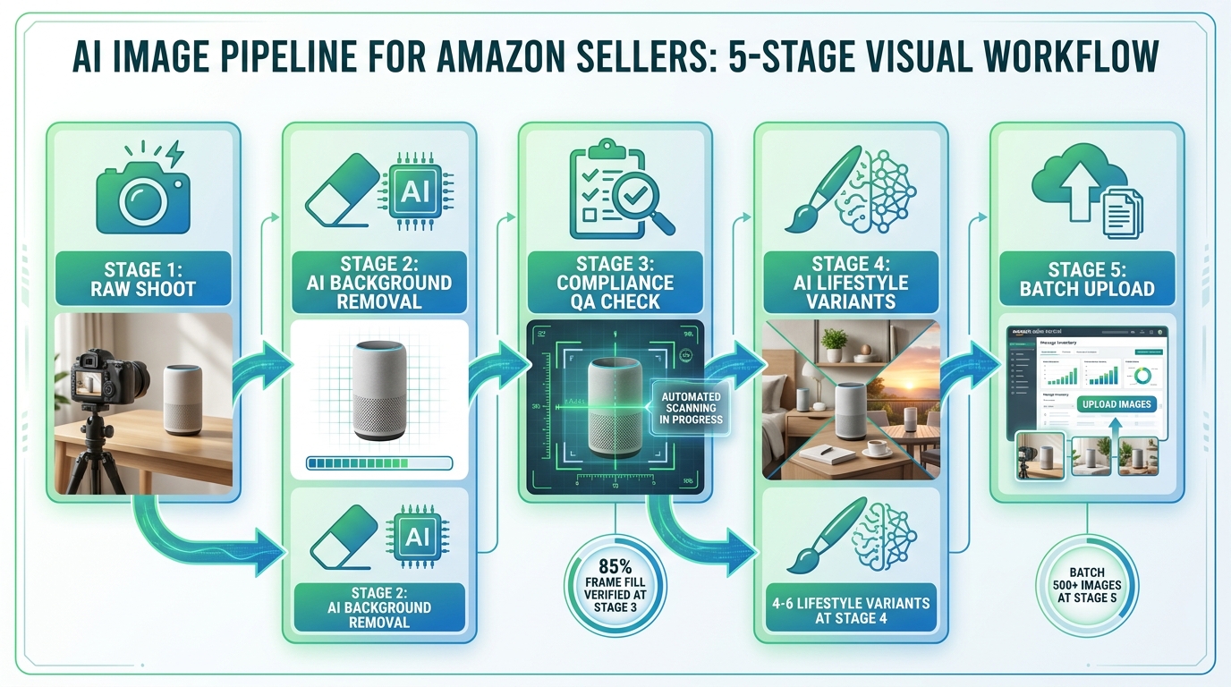 5-stage AI image pipeline for Amazon sellers: raw shoot, AI background removal, compliance QA, lifestyle variants, batch upload