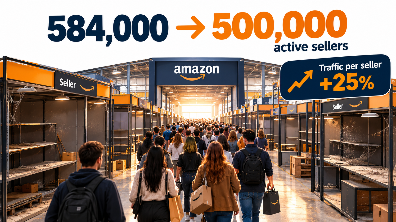 Illustration of an Amazon-style marketplace with empty seller stalls and crowds of shoppers, showing active sellers falling from 584,000 to 500,000 while traffic per seller rose 25%