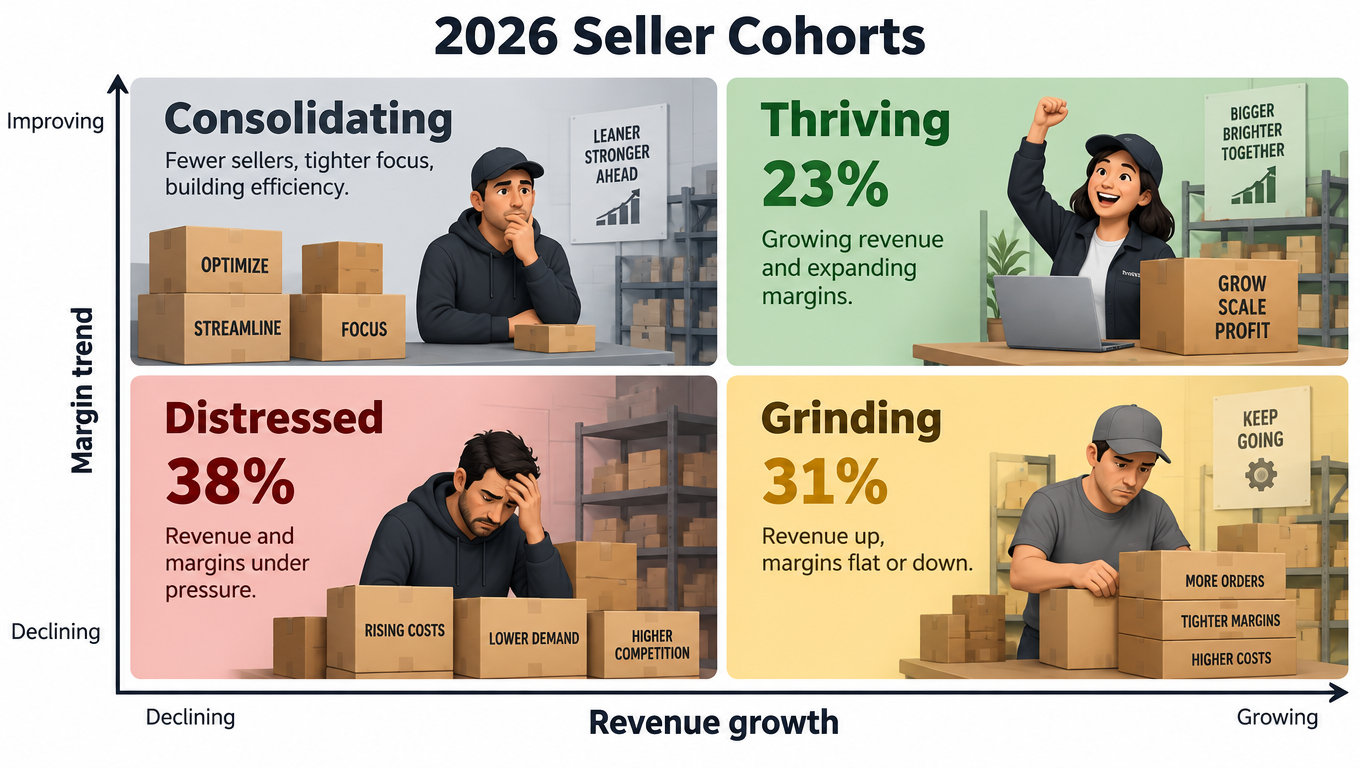 Quadrant chart of 2026 marketplace seller cohorts: thriving 23 percent, grinding 31 percent, distressed 38 percent, and consolidating