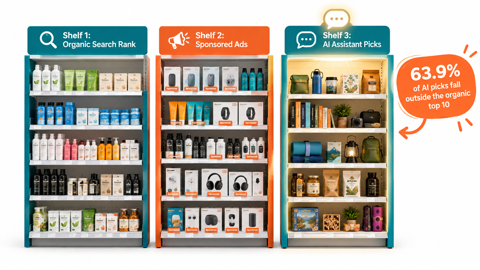 Three retail shelves labeled organic search rank, sponsored ads, and AI assistant picks, with a callout that 63.9 percent of AI picks fall outside the organic top 10