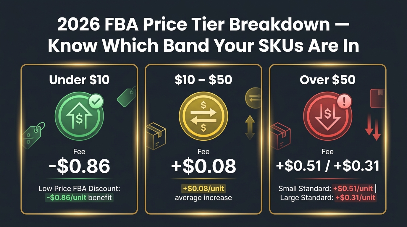 Amazon 2026 FBA price tier breakdown showing three bands: under $10 with Low Price FBA discount, $10-$50 mid tier, and over $50 with higher surcharge amounts