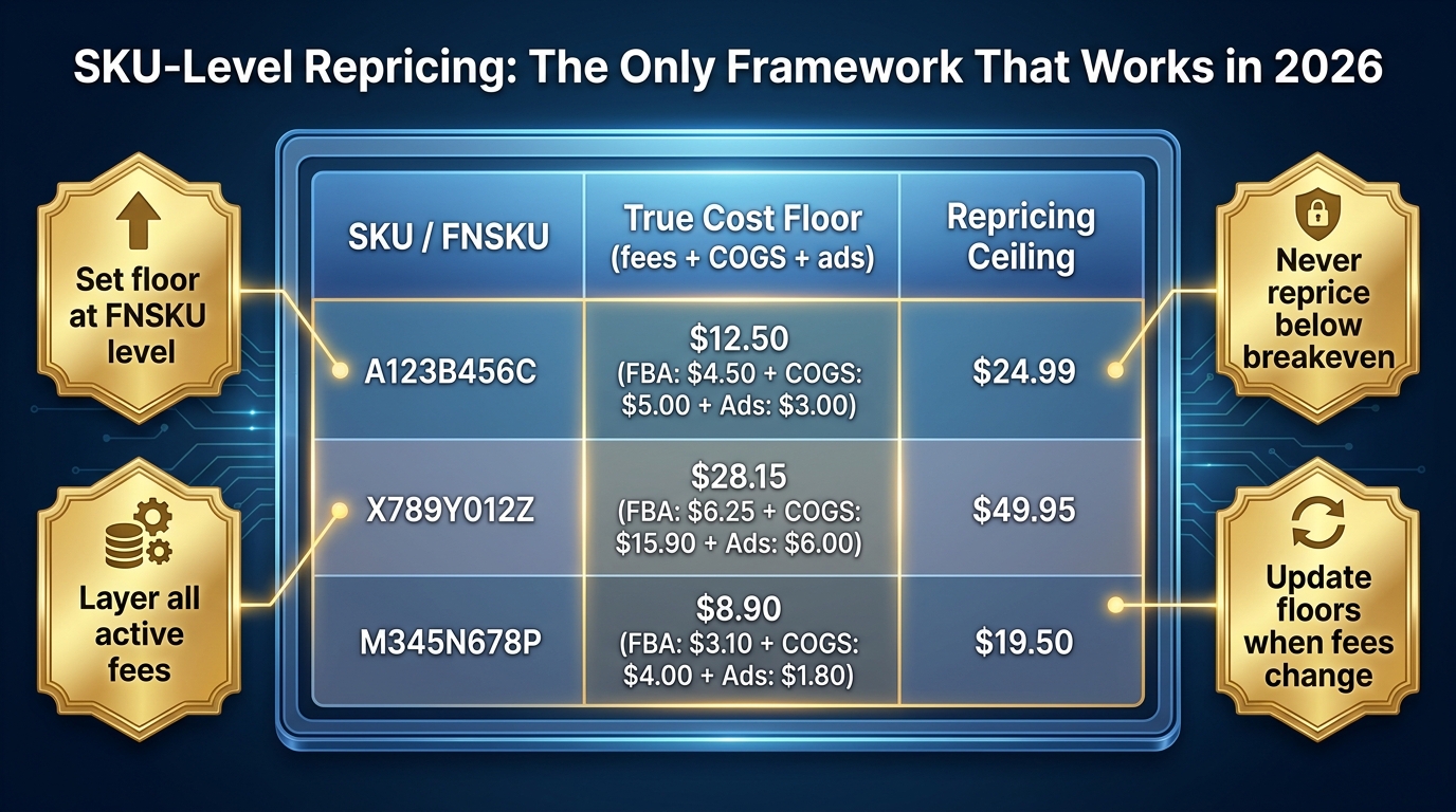 SKU-level repricing framework showing a spreadsheet grid with FNSKU, true cost floor, and repricing ceiling columns with labeled strategy callouts