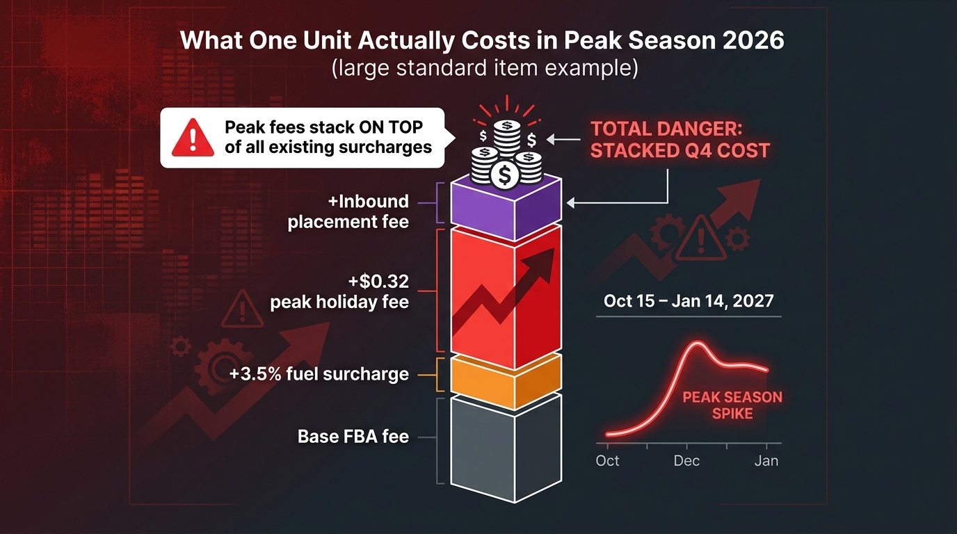Stacked bar chart showing Amazon Q4 2026 fee layers on one unit: base FBA fee, 3.5% fuel surcharge, and peak holiday fee of $0.32 average all stacking together