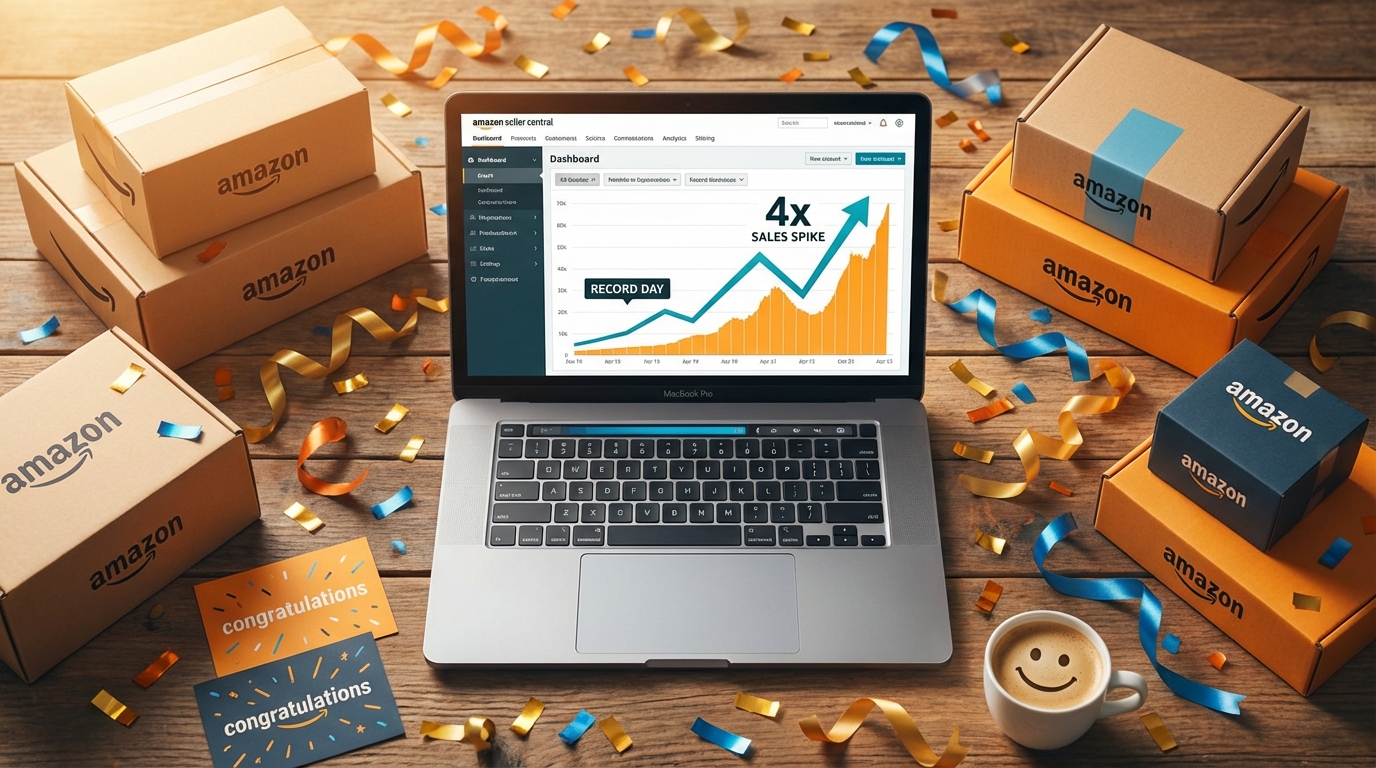 Amazon seller dashboard showing a dramatic 4x sales spike on a laptop screen with product boxes stacked in background