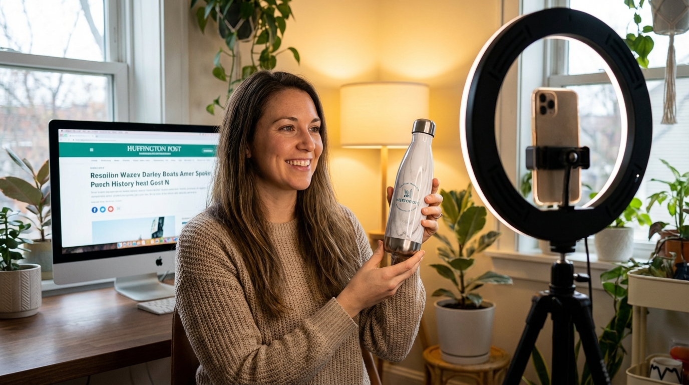 Creator influencer holding a product with a glowing Huffington Post webpage visible on a monitor in the background, content creation studio setup
