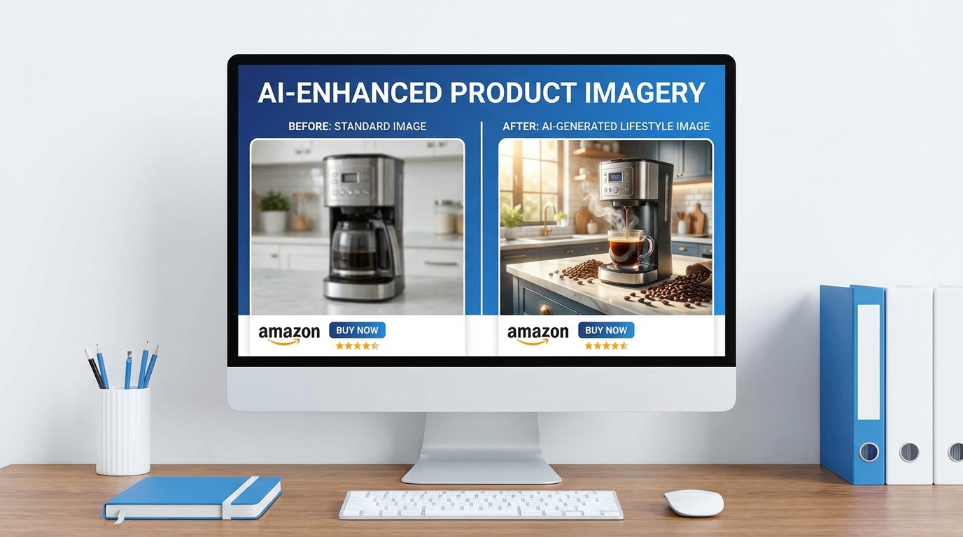 Amazon product listing page with stunning AI-generated lifestyle images displayed on a monitor showing before and after image quality comparison