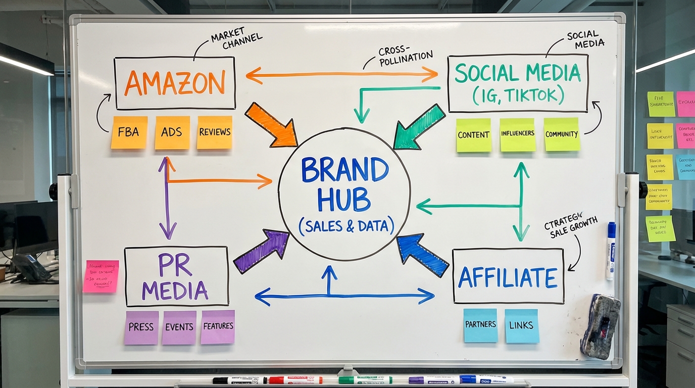 Strategic multi-channel sales growth diagram on a whiteboard showing Amazon, social media, PR media, and affiliate channels connecting to a central brand hub