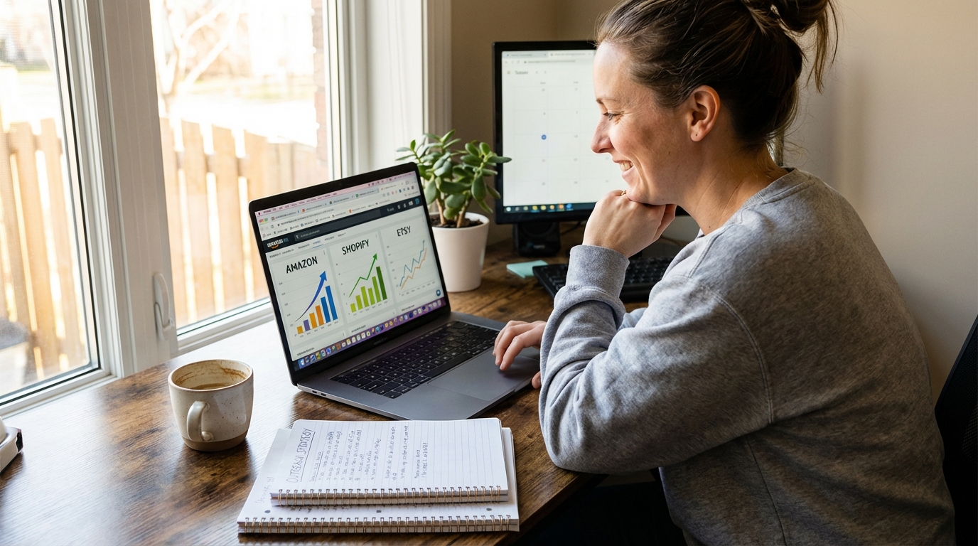 E-commerce seller at desk looking at laptop with multiple sales channel dashboards open showing upward trending sales across channels
