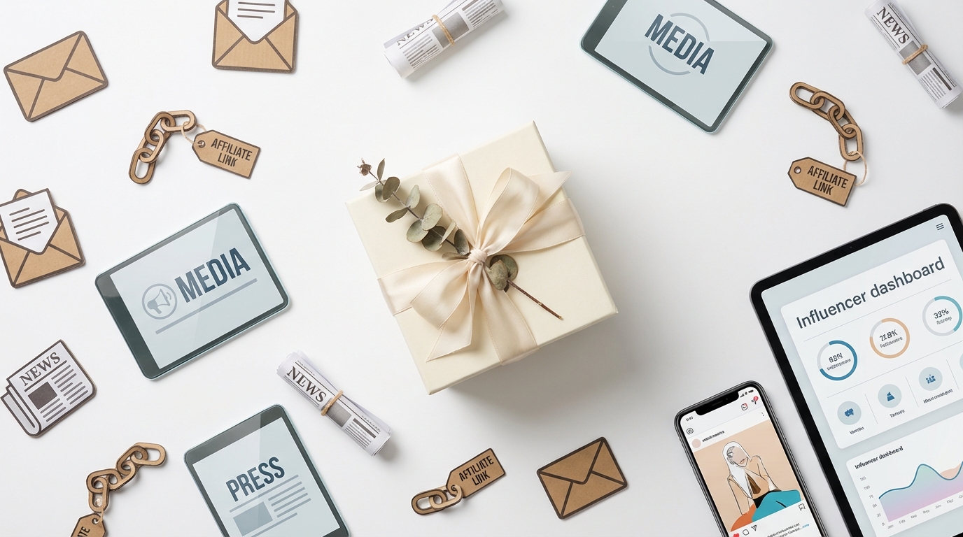 Flat lay of a beautifully packaged consumer product surrounded by affiliate marketing and PR outreach elements including newspaper pages, email icons, and media logos