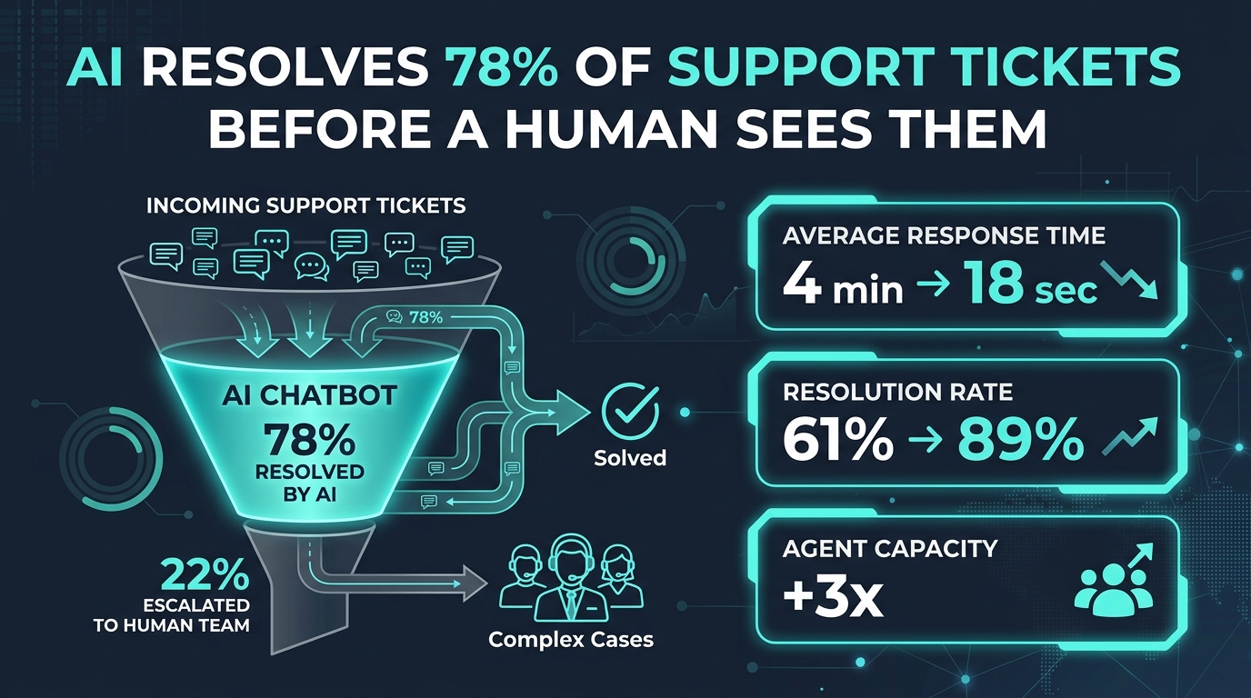 AI customer service automation dashboard showing ticket resolution rates, response times, and agent capacity improvements