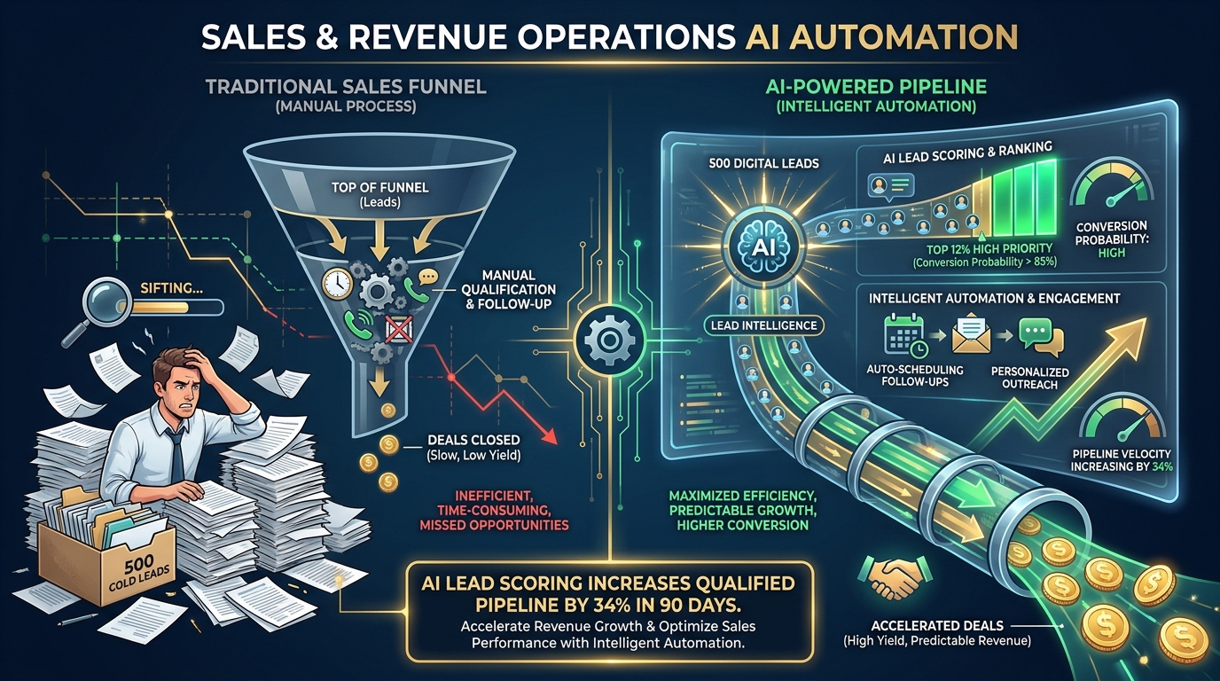 AI sales pipeline with lead scoring showing 34% increase in qualified pipeline — before and after AI automation comparison