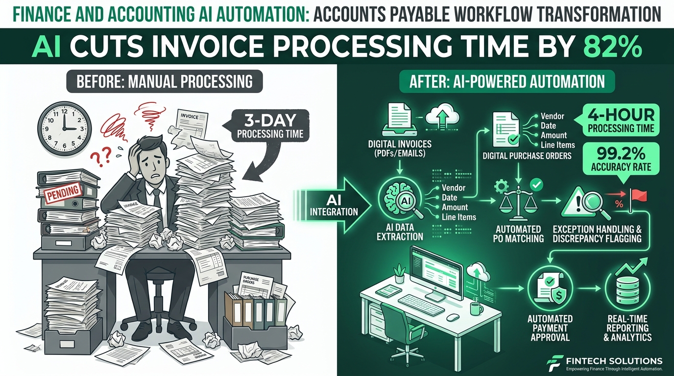 AI finance automation showing invoice processing time reduction from 3 days to 4 hours with 99.2% accuracy rate