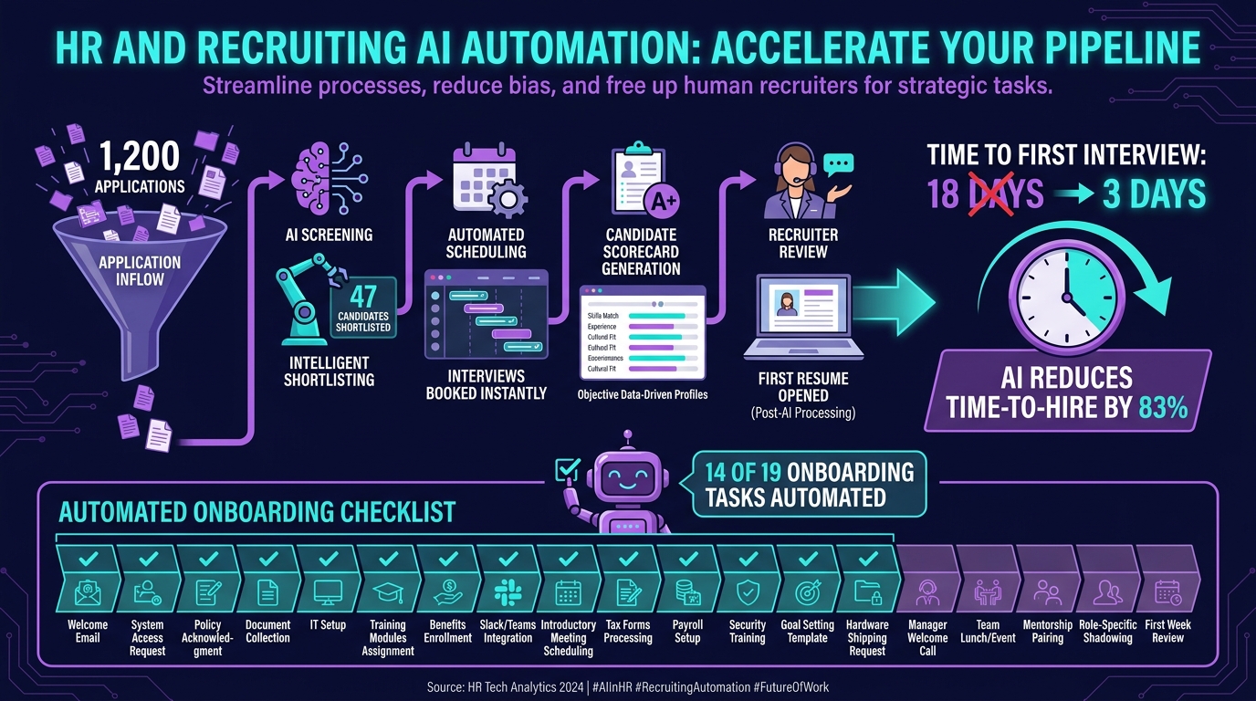 HR AI automation pipeline showing time-to-hire reduction from 18 days to 3 days and 14 of 19 onboarding tasks automated
