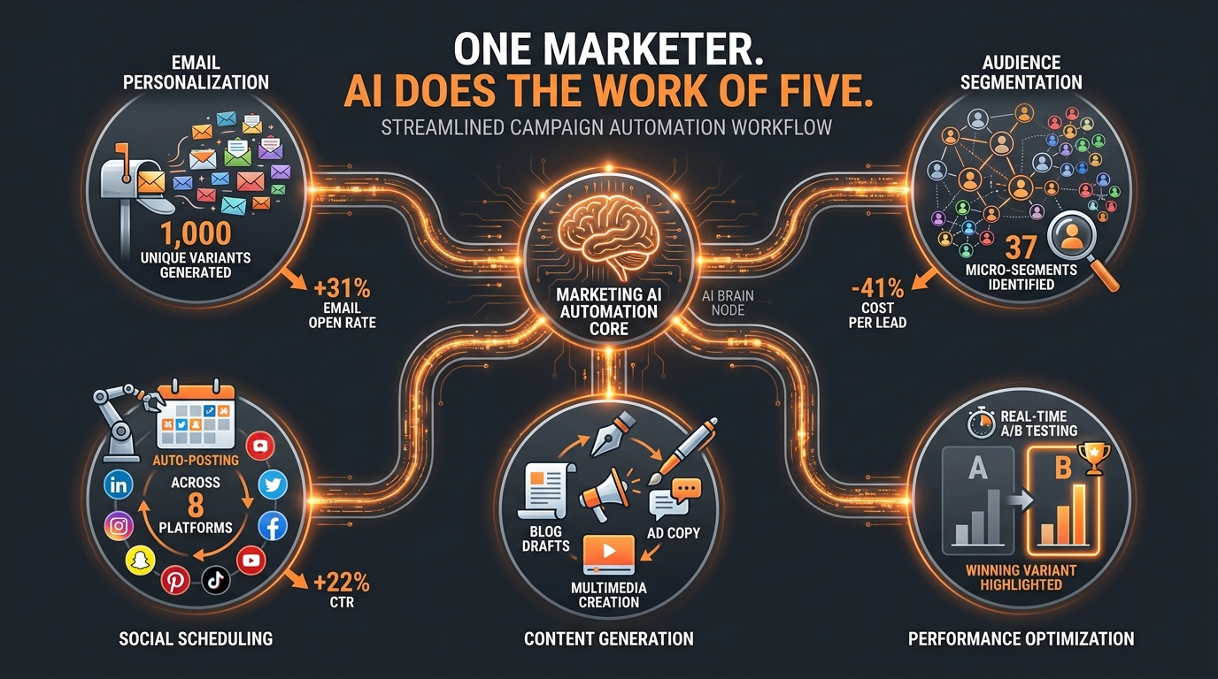 Marketing AI automation workflow showing personalized email variants, social scheduling, audience segmentation and performance optimization with conversion lift statistics
