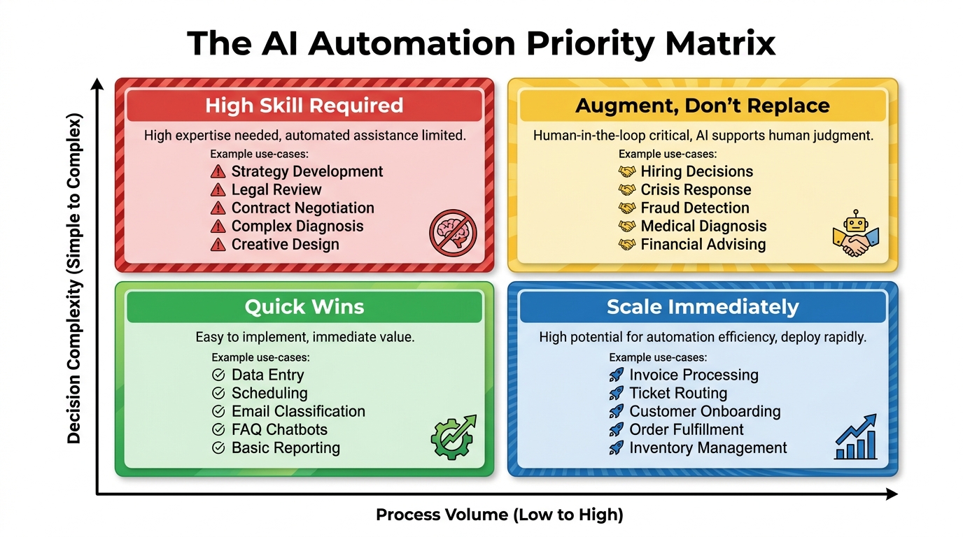 AI Automation Priority Matrix — 2x2 grid showing Quick Wins, Scale Immediately, High Skill Required, and Augment Don't Replace quadrants