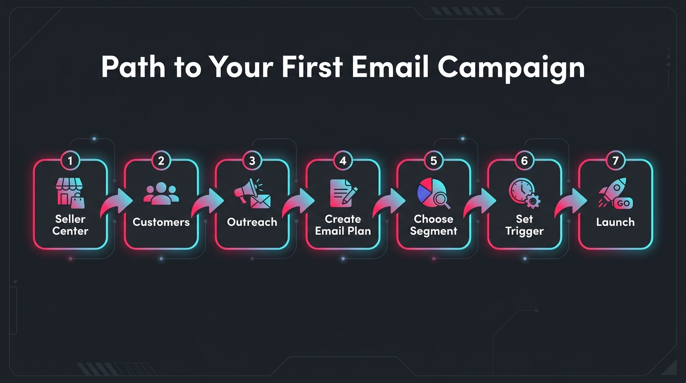 Step-by-step setup flowchart for TikTok Shop email campaign configuration in Seller Center