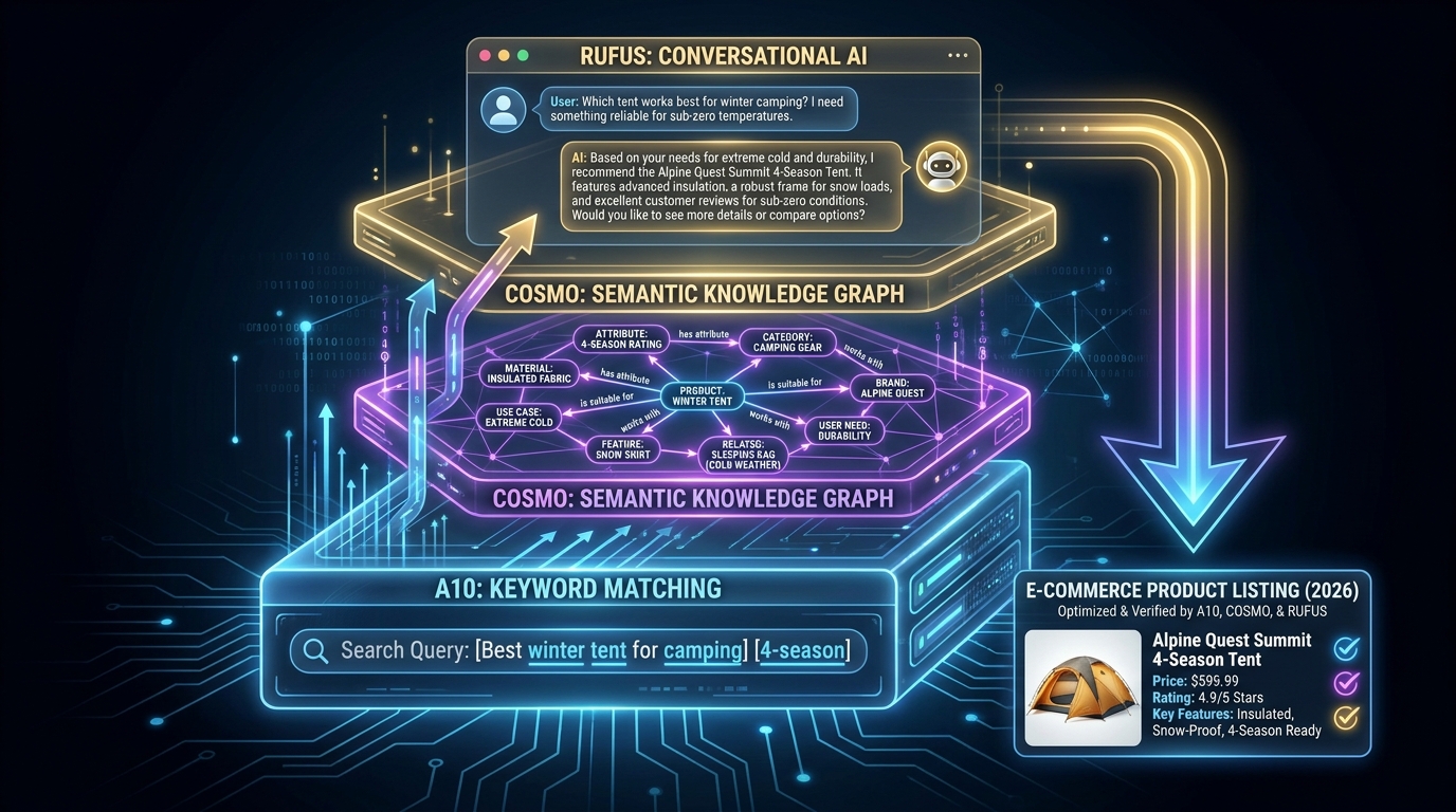 Three-layer diagram showing how Amazon listings must satisfy A10 keyword matching, COSMO semantic knowledge graph, and Rufus conversational AI simultaneously