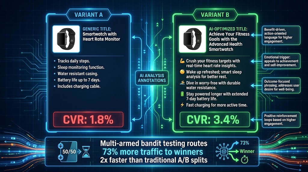 Split-screen A/B testing comparison showing AI-optimized product listing variant B achieving 3.4% conversion rate versus 1.8% for non-optimized variant A