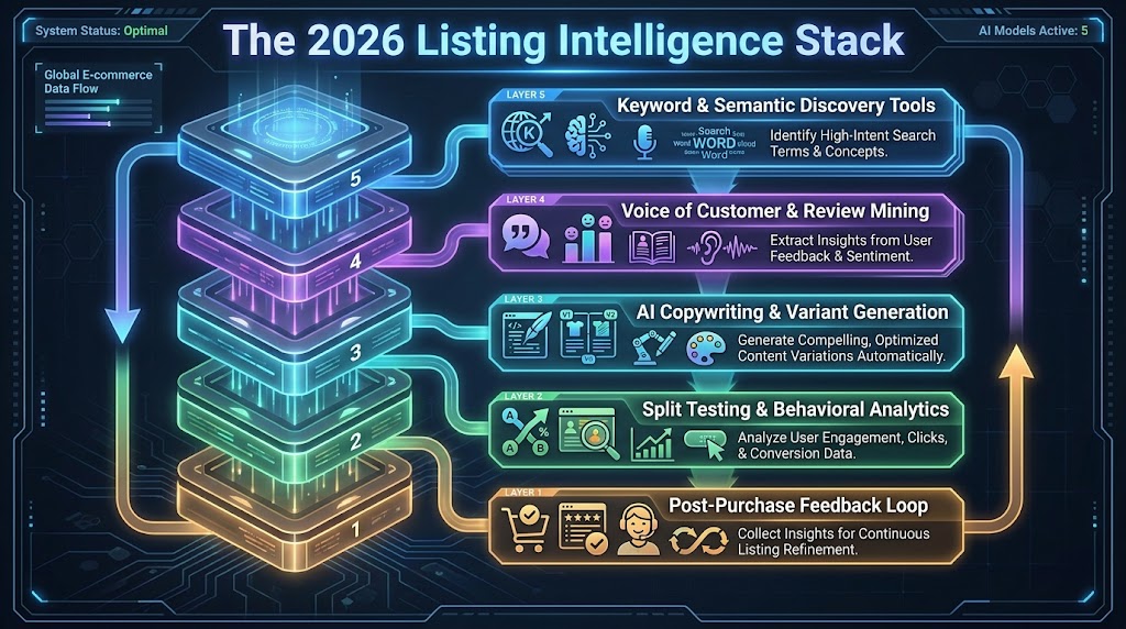 The 2026 Listing Intelligence Stack showing five layers from keyword discovery at top through voice of customer mining, AI copywriting, split testing, and post-purchase feedback loops at bottom