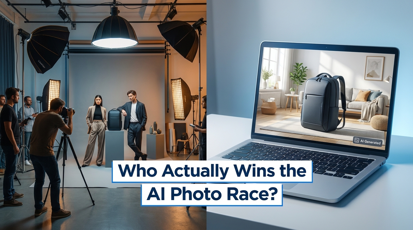 Split scene comparing traditional photography studio versus AI-generated lifestyle images on a laptop, with overlay text: Who Actually Wins the AI Photo Race?