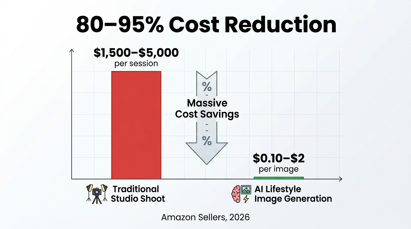 Bar chart infographic showing traditional studio photography costs of $1,500–$5,000 versus AI image generation at $0.10–$2, with bold text: 80–95% Cost Reduction