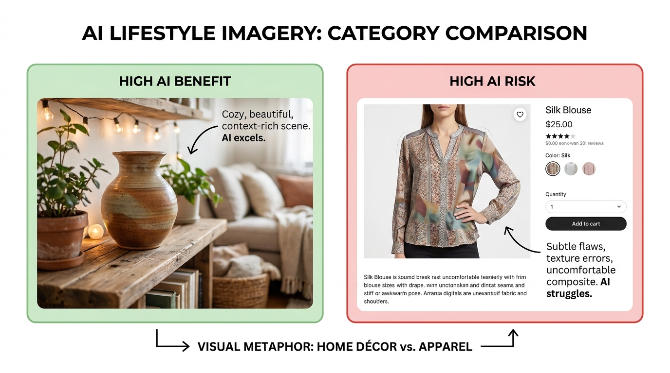 Side-by-side comparison showing HIGH AI BENEFIT home décor lifestyle scene versus HIGH AI RISK apparel with distorted fabric texture and color artifacts