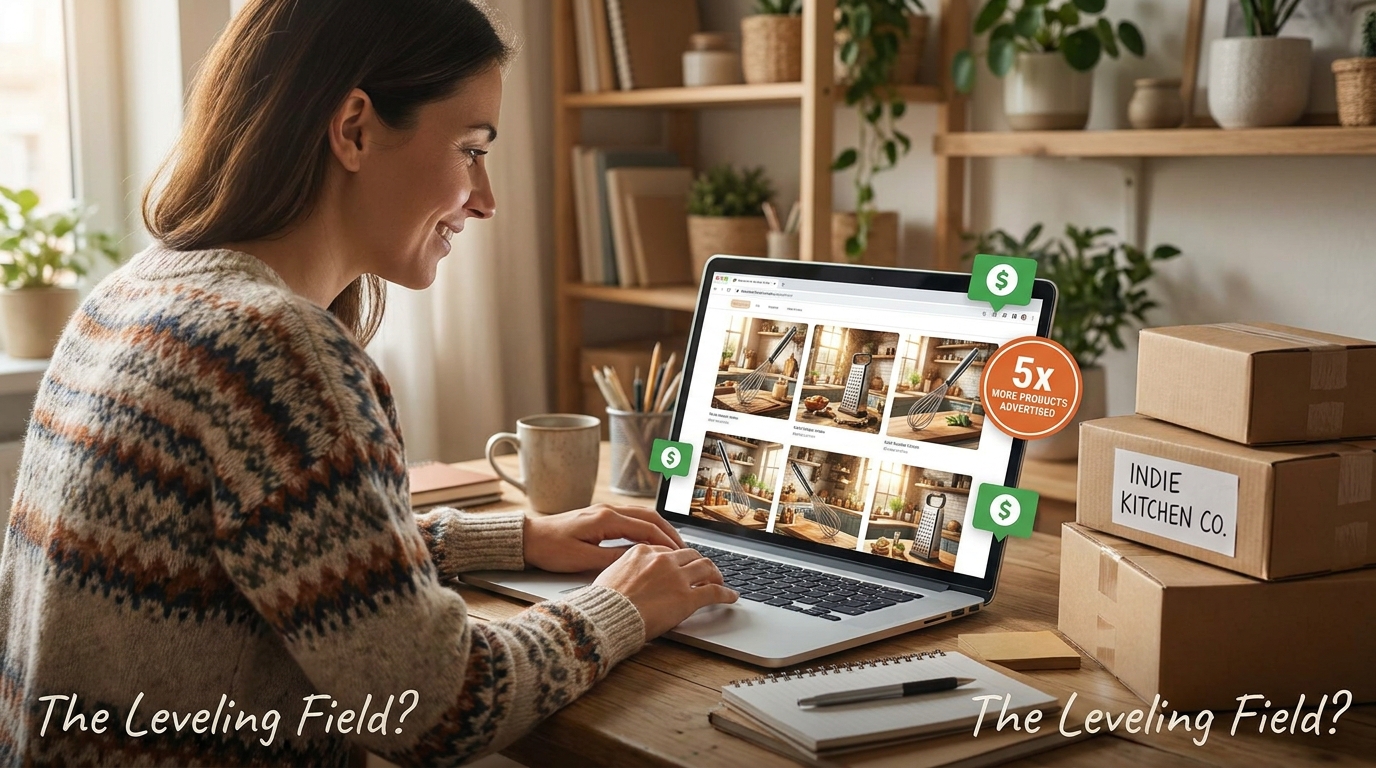 Small Amazon seller at laptop seeing AI-generated lifestyle images with a '5x more products advertised' callout, representing the potential leveling of the competitive playing field